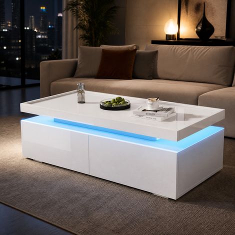 Couchtisch (95 x 45 x 35 cm), mit LED Beleuchtung, 2 Schubladen, Hochglanz, Spanplatte, Weiß (1/5)