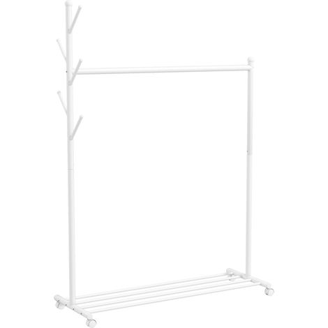 Portant vêtements mobile sur roulettes, porte-manteau avec étagère pour chaussures et 5 patères, 120 x 43 x 171 cm, blanc (1/5)