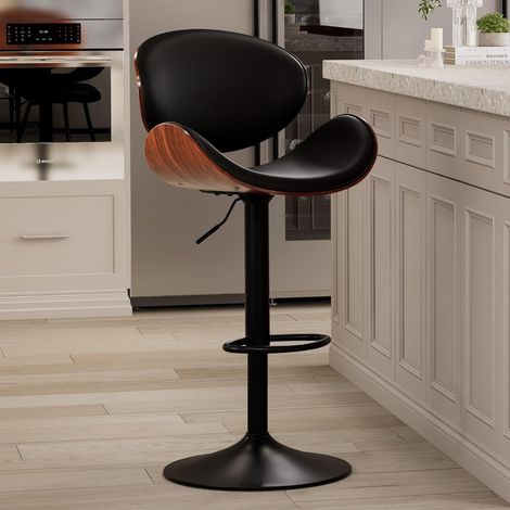Tabouret de bar en bois incurvé pivotant à 360° avec dossier et repose-pieds en cuir synthétique - Tabouret de comptoir - Tabouret de bistrot - Chaise de cuisine moderne pour bar, cuisine (1/5)