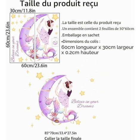 Sticker Mural Fille - Lune Et Etoile Violet - Decoration Murale Pour Chambre Enfant - 2 Feuilles 30x60 Cm (1/5)