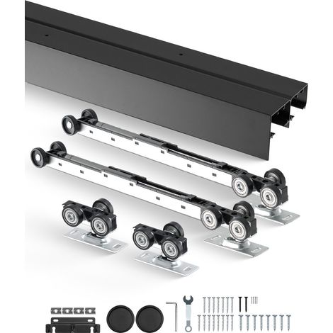 Kit quincaillerie pour porte coulissante 2438 mm, kit rail pour porte de placard coulissante robuste en alliage d'alu avec poignées à doigts, pour système 2 portes, pour épaisseur porte 35-45 mm (1/5)