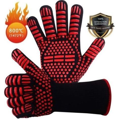 EN407 Non-Slip Silicone Barbecue Gloves for Barbecue, Oven, Oven, Heat Resistant Cooking Gloves, Fireplace Gloves, Chimney Gloves, Fireplace Gloves up to 800 ḞC - Red (1/4)