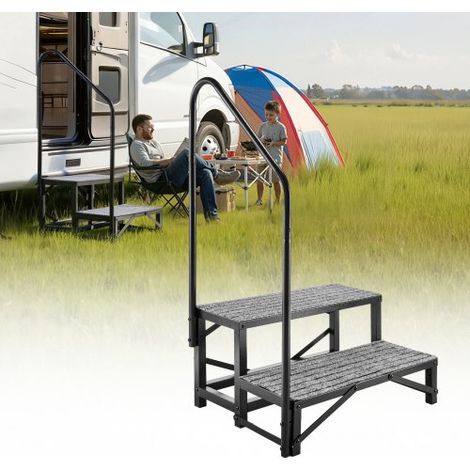 Escalera para Autocaravana de 2 Peldaños, Escalera con Pasamanos Carga de 299,38 kg, con Alfombrilla Antideslizante, para Personas Mayores y Mascotas, Portátil para Jacuzzi, Caravana, Porche (1/5)