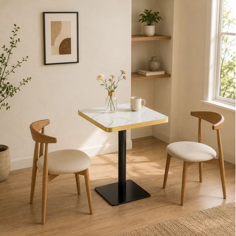 MEUBLIV Table à manger 60x60 cm blanche finition marbre – pied métal, 2 à 4 personnes (1/5)