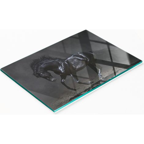 Tabla de cortar decorativa de cocina de vidrio templado con diseño de caballo negro, 80x52 cm. (1/5)