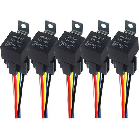 5 Stück 5-poliges Kfz-Relais, 12V 40A SPDT Kfz-Relais mit Kabelbaumstecker und 14/16 AWG vorverdrahtet, für Auto, LKW, Boot (Schwarz)