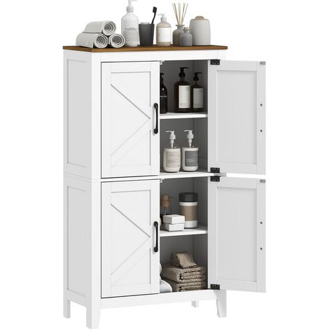 Meuble de salle de bain étroit avec portes de style grange, 4 étagères et supports d'étagères réglables, 60 x 30 x 110 cm, blanc (1/5)