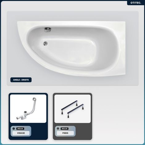 Baignoire asymétrique - 150 x 70 cm - Droite - sans Habillage - avec Pieds - Vidage Chrome - MILENA (1/5)