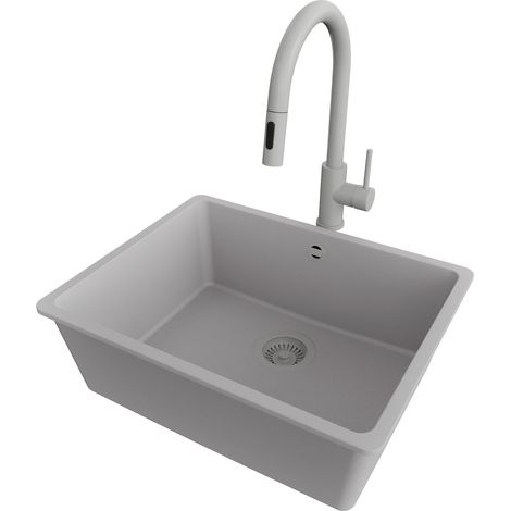 PRIMAGRAN Evier Cuisine en Granit 56x44cm,Lavabo 1 bac + Robinet 40x20cm + Kit de Vidage, Évier à Encastrer au meuble 60cm - Venise Slim Easy, Gris (1/5)