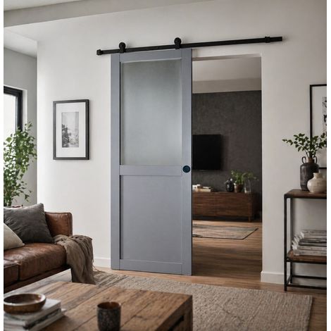 Porta Scorrevole in Vetro Athena RAL7035 H204 x L83 + Binario Nero e 2 Gusci Neri