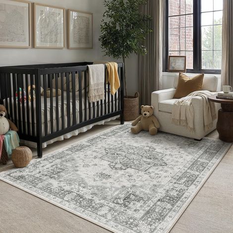 Vintage Tapis Salon Gris 140x200cm Lavable en Machine Rug Grand Antidérapant Rugs,Chambre Adulte,Descente de Lit Carpets,Salle a Manger,Bureau,Cuisine,Interieur Poil Ras Carpet (1/5)