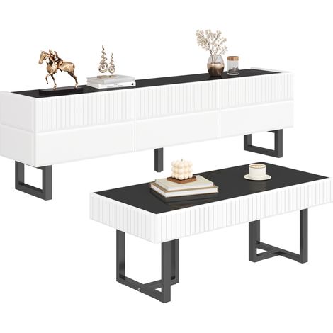 Table basse et meuble TV design noir et blanc, rangement intégré, façades rayées, grand espace de stockage, style moderne pour salon compact - CHICFURN (1/5)