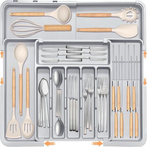 Range Couverts Extensible pour Tiroir Cuisine avec 2 Blocs de Couteaux Amovibles et 9 Compartiments, Organisateur Réglable, Gris (1/5)