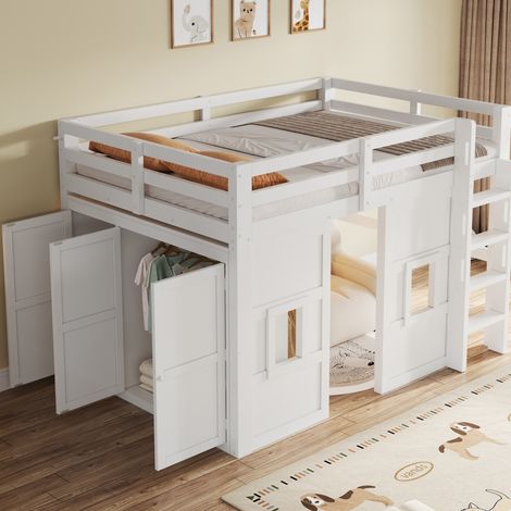 DESVIAE Lit mezzanine 140 x 200 cm avec armoire intégrée 2 fenêtres éclairage LED pin MDF contreplaqué blanc pour chambre enfant adolescent (1/5)