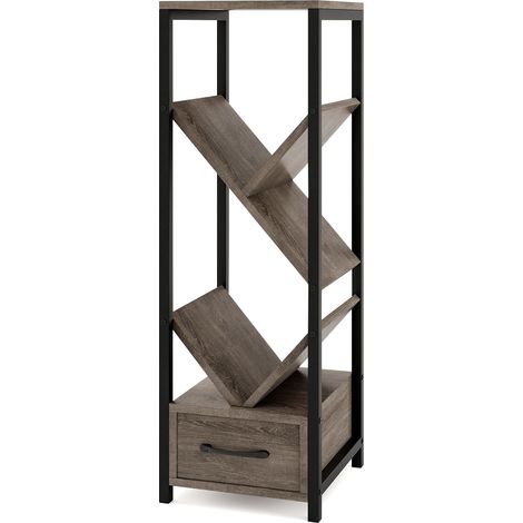 COSTWAY Tree Bookshelf 4 Tier Floor Standing Storage Organizer w/Drawer-Gray (1/5)