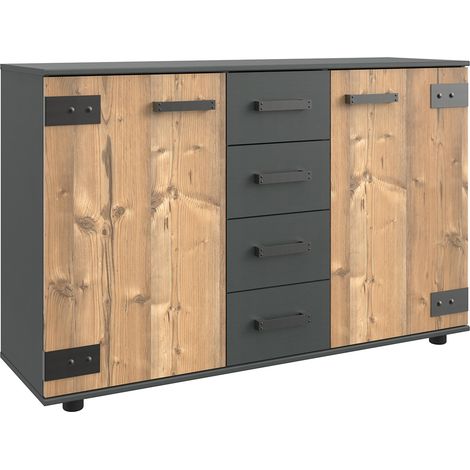 Commode meuble de rangement coloris imitation chêne/gris foncé - Longueur 130 x Hauteur 83 x Profondeur 41 cm -PEGANE-