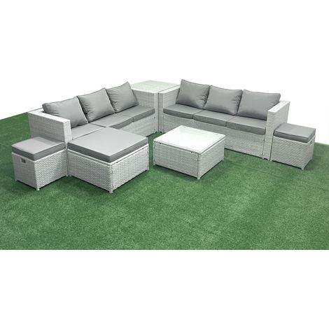 Fimous Gartenmöbel im Freien Polyrattan 9-Sitzer Rattan Garten Sofa Set mit 3 Hockern Beistelltisch Hellgrau gemischt (1/5)