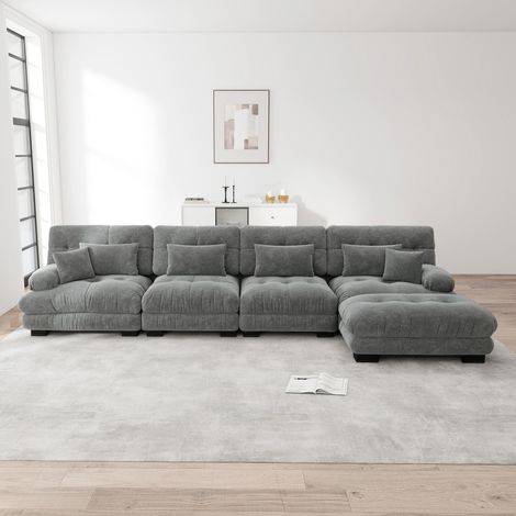 Canapé d'angle modulaire nuage 4 places, tissu chenille gris, confortable, avec pouf mobile et combinable DIY pour salon 406x145x81cm (1/5)