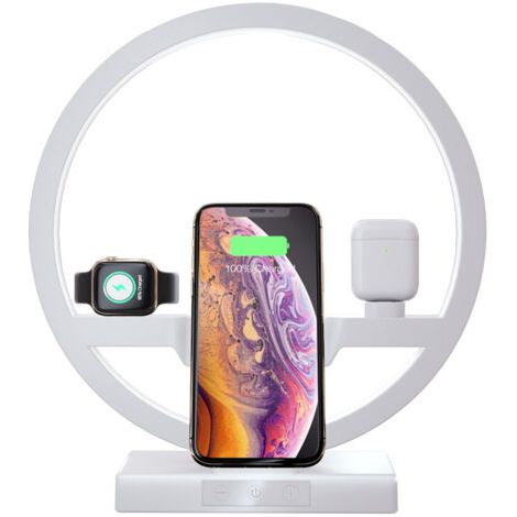 Estación de carga inalámbrica con cable de teletransporte y anillo de luz LED regulable (3 colores) – Blanco