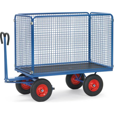 Fetra Handpritschenwagen mit Drahtgitterwänden 1000 mm hoch, Vollgummi-Bereifung, 1600x900 mm