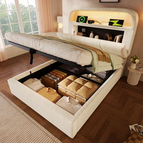Cama individual 90x200cm Cabecero ajustable con almacenamiento Terciopelo Iluminación LED USB Type C color beige (Sin colchón) (1/5)