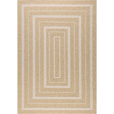 Alfombra interior/exterior efecto tela de yute beige con motivos (1/5)