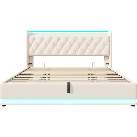 Lit double rembourré, fonction LED surround 360°, commande par bouton/application/télécommande, 180200 cm, lit de rangement hydraulique en PU blanc, tête de lit rembourrée avec fonction de charge USB (1/5)