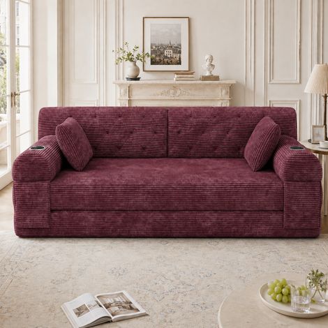 Canapé droit convertible 2 places 168 x 80 x 81 cm avec dossier haut, 2 porte-gobelets et 4 poches latérales, velours côtelé, bordeaux (1/5)