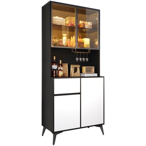 Mobile alto, vetrina, credenza, mobile da sala da pranzo, mobile da soggiorno, look bianco e nero, struttura in MDF, elementi in vetro, luci LED integrate, spazio contenitivo versatile (1/5)