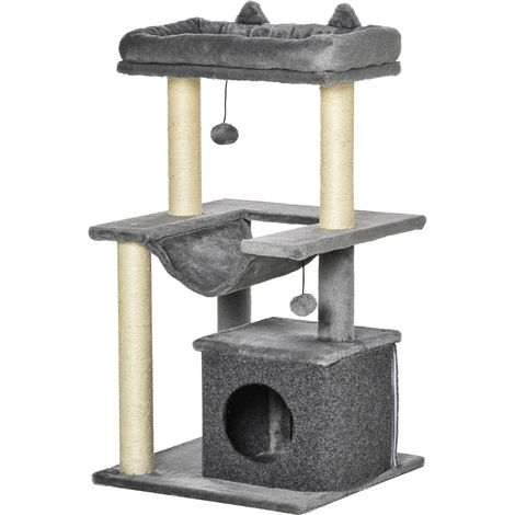 Arbre à chat tour de jeu 48 x 48 x 90 cm espace repos et griffoir housse lavable style scandinave moderne en bois gris (1/5)