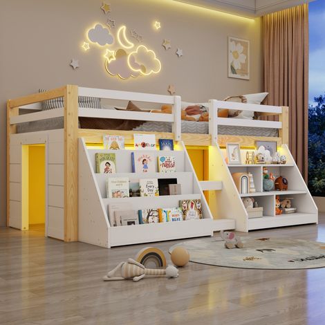 Lit Mezzanine Enfant 90x200cm Lit mi-hauteur avec Rangement, Éclairage LED ,garde-corps ,échelle – pin massif - Blanc (1/5)