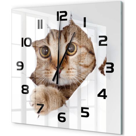 Grande Horloge Murale Carrée Facile à Lire en Verre Silencieuse Salon Cuisine Bureau Chat 60x60 cm (1/5)