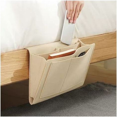 Organiseur de cadre de lit, porte - revues en feutre, poche canapé - lit rangement suspendu, trou latéral canapé, poche de table de chevet, organiseur de lit, beige (1/3)