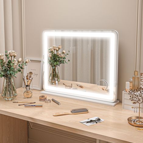 Espejo de maquillaje con luces LED, brillo ajustable, 3 colores, 80x62 cm. Espejo de pared y de mesa con aumento de 10x, toma USB y controles táctiles. (1/5)