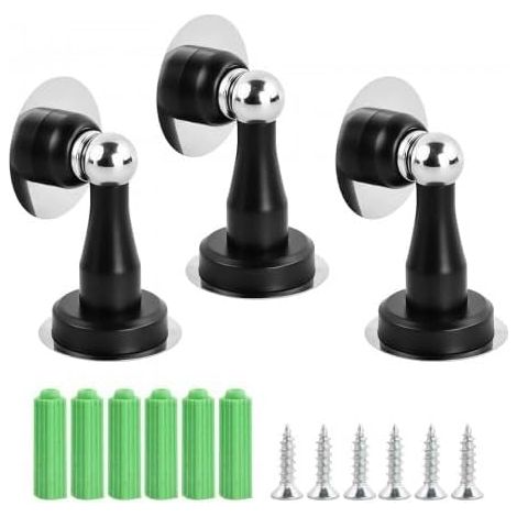 3 x Magnetic Door Stoppers, Stainless Steel Floor Door Block, No Drilling, with Adhesive Tape and Screws, for Floor or Wall Installation, for Home and Office (Black) (1/5)