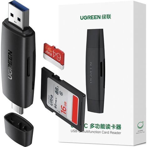 Adattatore USB + USB-C ugreen CM304 Lettore di schede SD + microSD (nero)