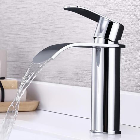 Badezimmer-Waschtischarmatur, Wasserfallauslauf, Einhand-Waschtischarmatur, Einhebelmischer, geräuscharm, Chrom (1/5)