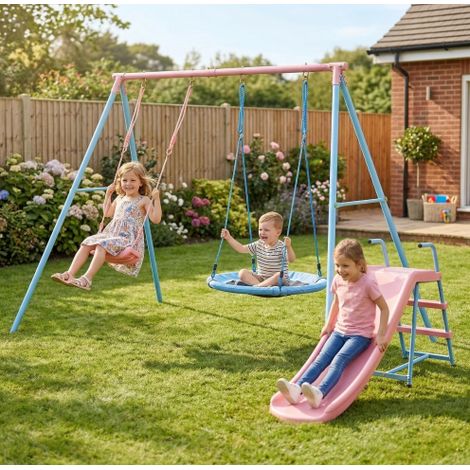 Set altalena con scivolo, 330 x 136 x 180 cm, acciaio e HDPE, blu e rosa DESVIAE (1/5)
