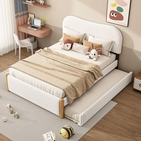 Lit enfant 140x200 cm 3 personnes avec lit gigogne et rembourré Tête de lit,lit double avec sommier à lattes structure du lit,blanc (1/5)