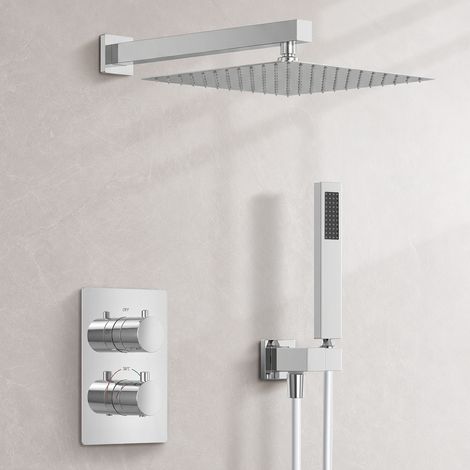 EVERSTEIN Duschsystem Chrom Regendusche Thermostat 38 Grad Unterputz 2 Funktionen 12 Zoll Kopfbrause Handbrause Messingkörper 40 cm Duscharm G1/2 150 cm Brauseschlauch Badezimmer (1/5)