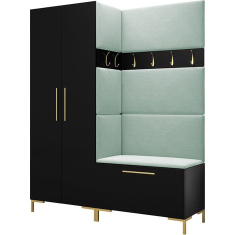 Meuble d'entrée Nomal I, Noir, 196x158x44cm, Stratifié, Tissu, Murale, À poser