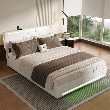 Lit double 140x200cm, lit 140x200 avec rangement, Sommier Inclus, lit coffre avec port USB et LED, Chambre moderne, Beige, lin