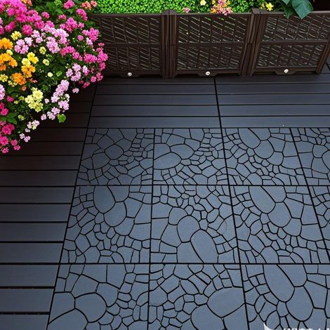 Dalles de terrasse imitation pierre 30 cm, module emboîtable à monter soi-même, pose facile et rapide, idéales pour porche, piscine, balcon ou jardin (44 pièces), gris foncé
