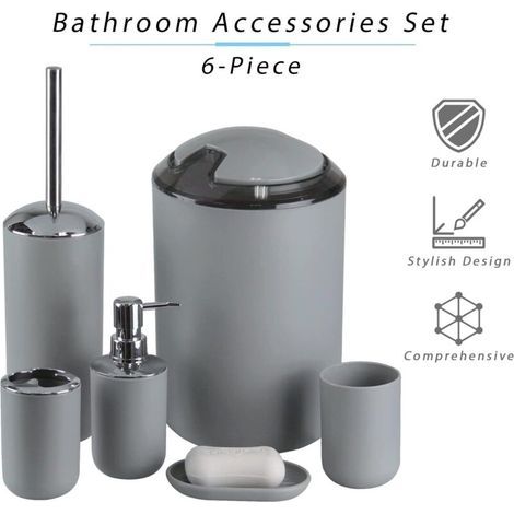 Badezimmer Accessoires Set 6-teilig, Plastik/Kunststoff - Inkl. Seifenspender, Zahnbürstenhalter, WC-Bürstenhalter, Mülleimer - Grau für Einheitliches Design (1/5)