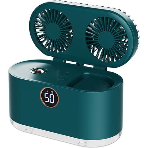 Wiederaufladbarer Doppelventilator mit 2000-mAh-Akku, 3 Geschwindigkeitsstufen, leiser Betrieb, kontinuierlicher oder intermittierender Nebel, Digitalanzeige, kühlend, tragbar, sommergrün (1/5)