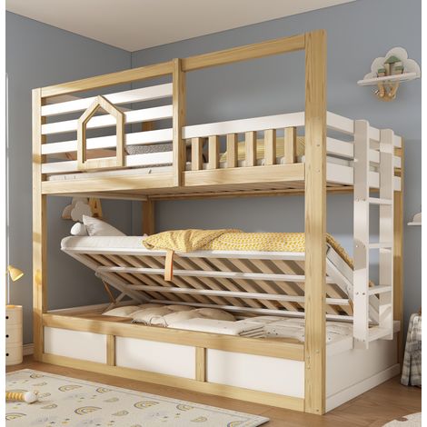 Letto a castello stile casetta in legno bianco/rovere 90x200 cm con finestre, testiera con protezione e vano contenitore idraulico