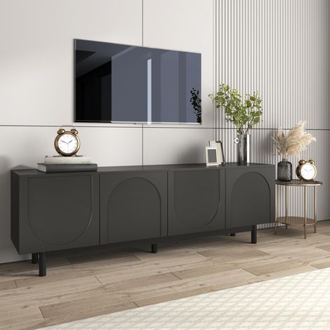Mobile TV moderno, mobile TV basso con 4 ante strutturate, leggero e lussuoso, design semplice, 175 x 38 x 56 cm, nero (1/5)