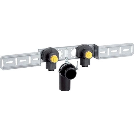 Geberit PushFit Anschlusswinkel 90 Grad vormontiert, zweifach, Ablaufrohrschelle, CW617N, d 20mm, Rp 1/2″, L1 5,2cm, AD 15,3cm (1/5)