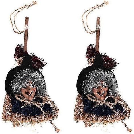 Lot de 2 pendentifs balai de sorcière pour Halloween, en toile de jute, à suspendre à la porte (bleu). (1/5)