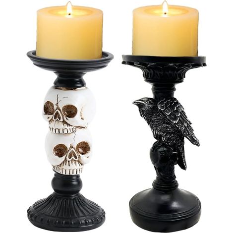 Totenkopf und Rabe Kerzenhalter 2er Set für Halloween – eine tolle Überraschung für Groß und Klein (1/5)